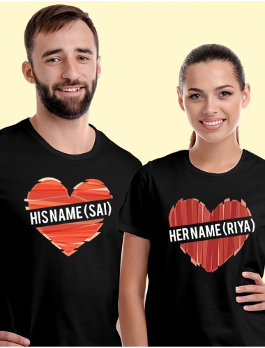 His And Her Name Love Shape Couples T Shirt Black Color