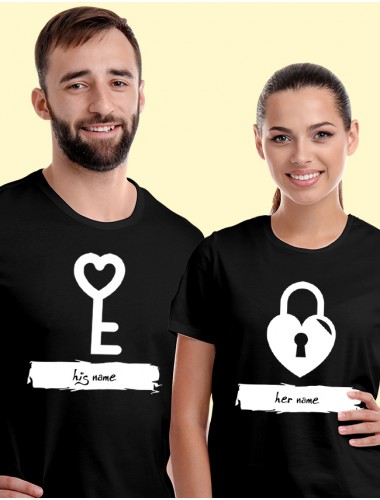 Romantic Heart Lock And Vertical Key Couples T Shirt Black Color