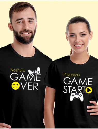 Game Start Game Over Theme with Name On Black Color Customized Couple T-Shirt
