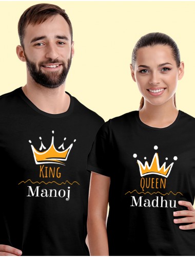 Queen and King with Couple Name On Black Color Customized Couple Tshirt