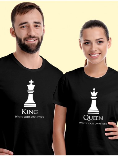 King and Queen Chess Theme On Black Color Couple T-shirts For Men & Women