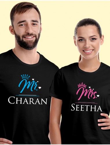 Mr and Mrs with Names On Black Color Personalized Couple Tees