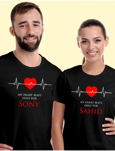 Heart Beat Theme On Black Color Personalized Couple Tshirt