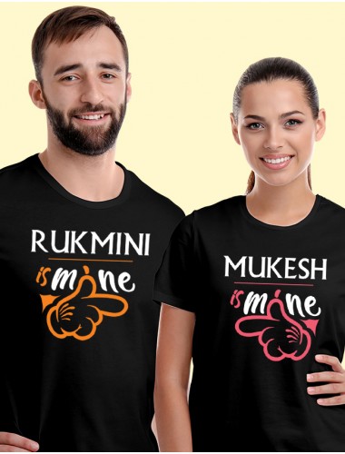 He is Mine and She is Mine On Black Color Customized Couple T-Shirt