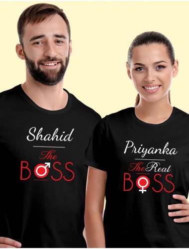 The Boss and The Real Boss On Black Color Couple T-shirts For Men & Women