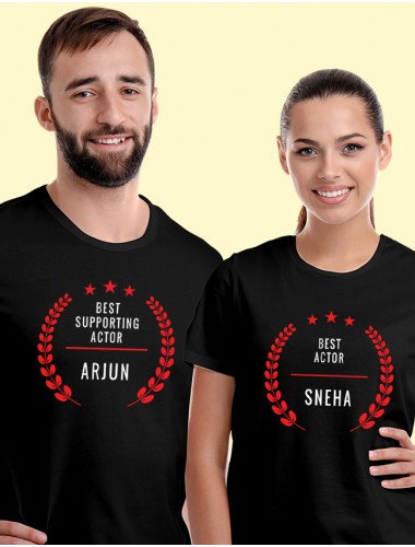 Best Actor and Best Supporting Actor with Names On Black Color Personalized Couple T-Shirt