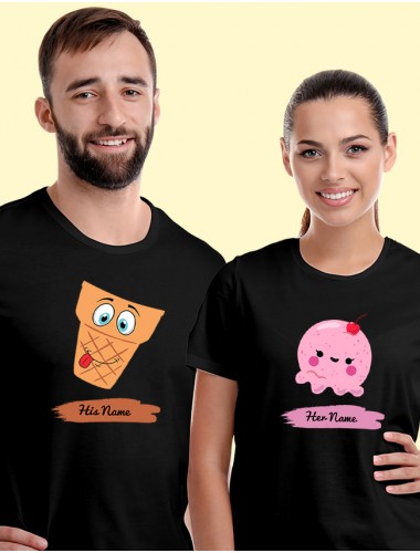 Dessert Theme with Names On Black Color Personalized Couple Tshirt