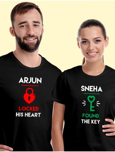 Lock and Key with Names On Black Color Couple T-shirts For Men & Women