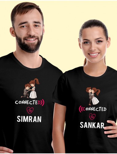 Connected to with Names On Black Color Customized Couple T-Shirt