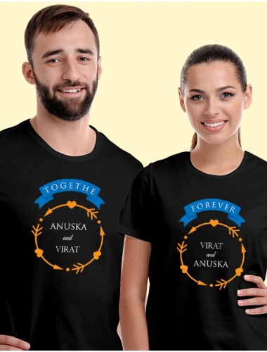 Yellow Love Arrows Forever and Together with Names On Black Color Personalized Couple Tshirt