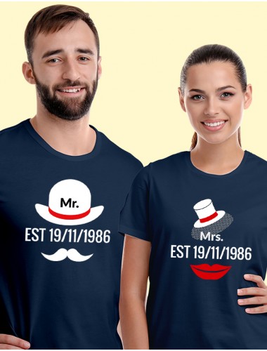 Mr. And Mrs. Couples T Shirt With Date Navy Blue Color