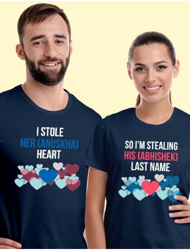 I Stole Her Heart So Im Stealing Last Name Couples T Shirt Navy Blue Color