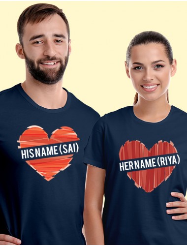 His And Her Name Love Shape Couples T Shirt Navy Blue Color