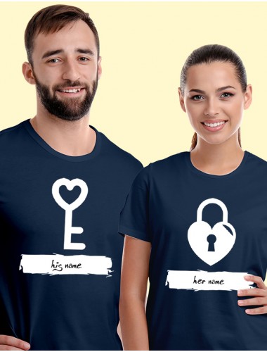 Romantic Heart Lock And Vertical Key Couples T Shirt Navy Blue Color