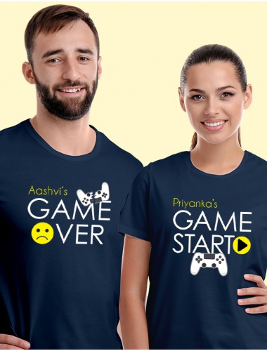 Game Start Game Over Theme with Name On Navy Blue Color Customized Couple T-Shirt