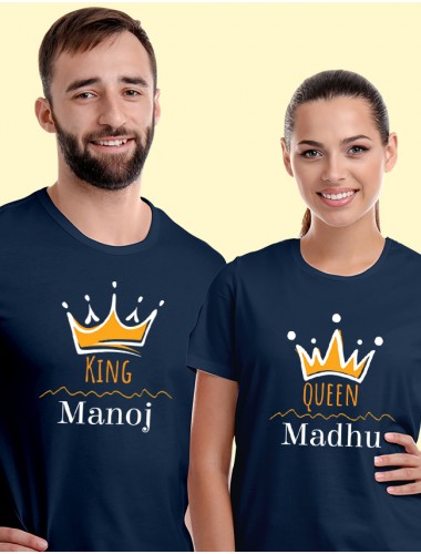 Queen and King with Couple Name On Navy Blue Color Customized Couple Tshirt
