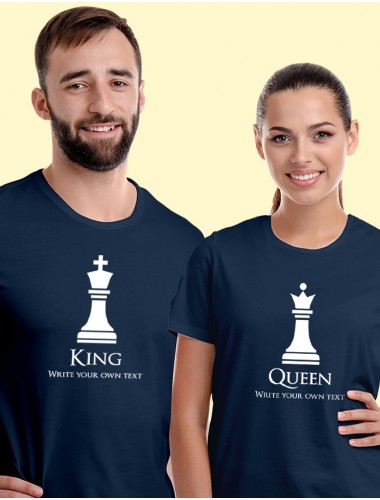 King and Queen Chess Theme On Navy Blue Color Couple T-shirts For Men & Women