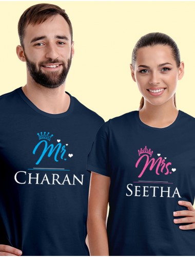 Mr and Mrs with Names On Navy Blue Color Personalized Couple Tees