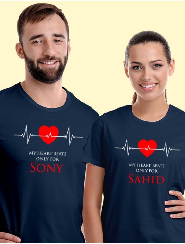 Heart Beat Theme On Navy Blue Color Personalized Couple Tshirt