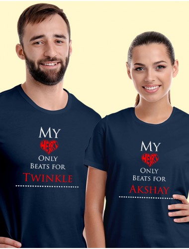 My Heart Beat Theme On Navy Blue Color Couple T-shirts For Men & Women