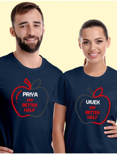 My Better Half On Navy Blue Color Customized Couple Tees