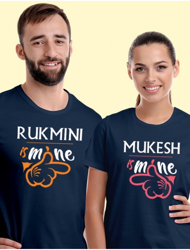 He is Mine and She is Mine On Navy Blue Color Customized Couple T-Shirt