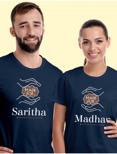 Made for with Names On Navy Blue Color Customized Couple Tshirt