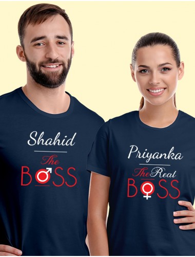 The Boss and The Real Boss On Navy Blue Color Couple T-shirts For Men & Women