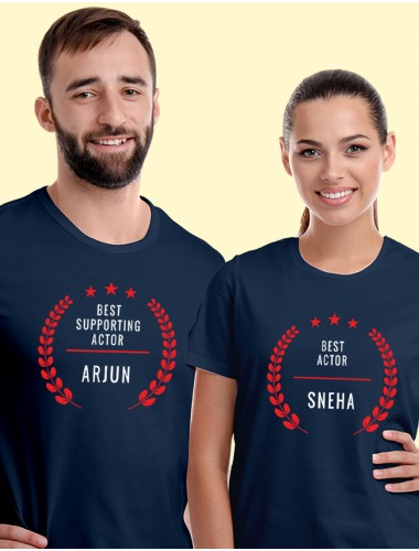 Best Actor and Best Supporting Actor with Names On Navy Blue Color Personalized Couple T-Shirt