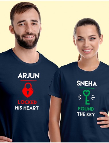 Lock and Key with Names On Navy Blue Color Couple T-shirts For Men & Women