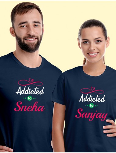 My Love Addicted to with Names On Navy Blue Color Customized Couple Tees