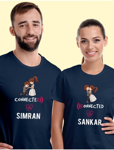 Connected to with Names On Navy Blue Color Customized Couple T-Shirt