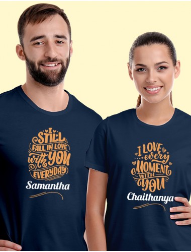 I Love Every Moment with You, I Still Fall in Love with You Everyday On Navy Blue Color Customized Couple Tshirt
