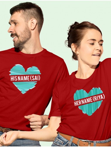 His And Her Name Love Shape Couples T Shirt Red Color
