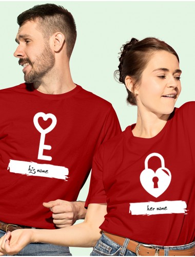 Romantic Heart Lock And Vertical Key Couples T Shirt Red Color