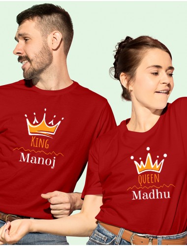 Queen and King with Couple Name On Red Color Customized Couple Tshirt