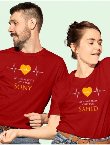 Heart Beat Theme On Red Color Personalized Couple Tshirt