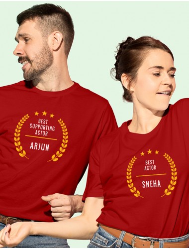 Best Actor and Best Supporting Actor with Names On Red Color Personalized Couple T-Shirt
