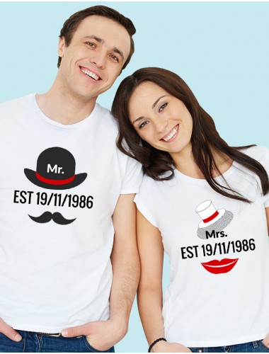 Mr. And Mrs. Couples T Shirt With Date White Color