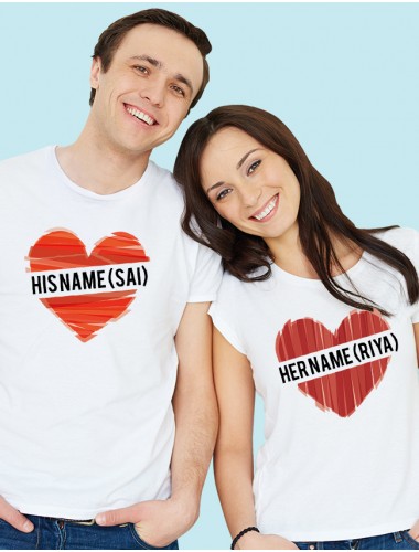 His And Her Name Love Shape Couples T Shirt White Color