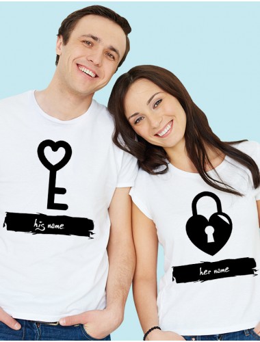 Romantic Heart Lock And Vertical Key Couples T Shirt White Color