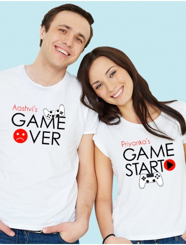 Game Start Game Over Theme with Name On White Color Customized Couple T-Shirt