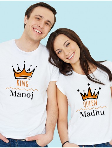 Queen and King with Couple Name On White Color Customized Couple Tshirt