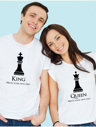 King and Queen Chess Theme On White Color Couple T-shirts For Men & Women