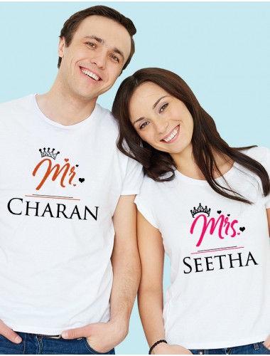 Mr and Mrs with Names On White Color Personalized Couple Tees