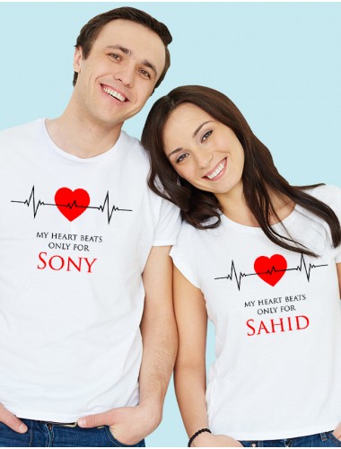 Heart Beat Theme On White Color Personalized Couple Tshirt