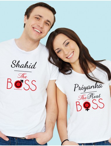 The Boss and The Real Boss On White Color Couple T-shirts For Men & Women