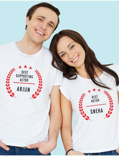 Best Actor and Best Supporting Actor with Names On White Color Personalized Couple T-Shirt