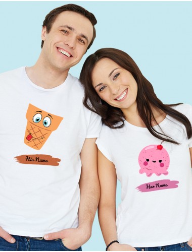 Dessert Theme with Names On White Color Personalized Couple Tshirt