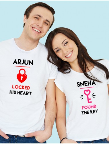 Lock and Key with Names On White Color Couple T-shirts For Men & Women